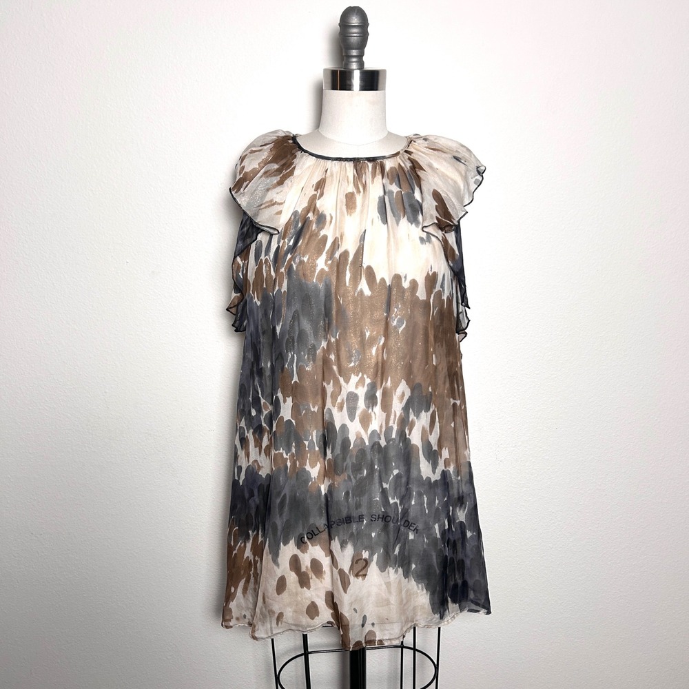 Bizz Brown Metallic Gold Silk Shimmer Sheer Babydoll Mini Dress Women Size S Y2K